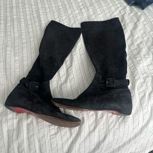 Christian Louboutin Suede Black Knee-High Boots with Red Soles. Needs soles